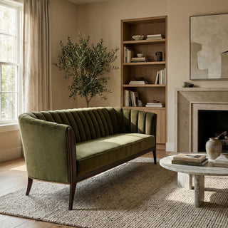 Connor Channel Back Sofa, Moss Velvet, styled in a room