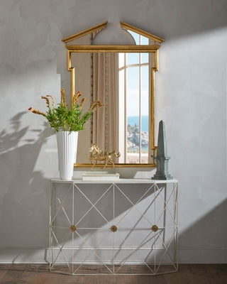 Broken Pediment Mirror, Gold Leaf, styled in a room