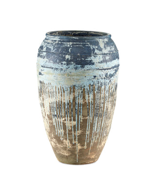 Catania Large Antique Blue Drip Planter in antique white and terracotta