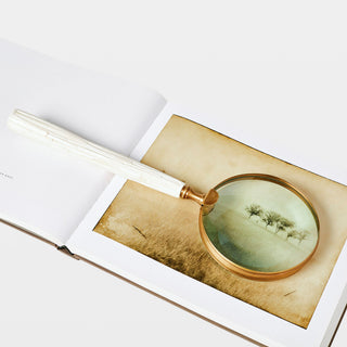 Elend Chiseled Bone Magnifying Glass, styled in a room