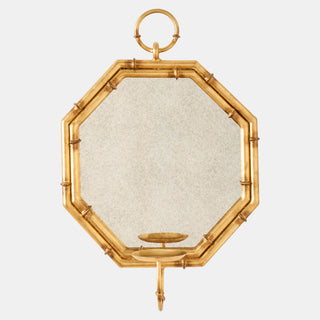 Octagonal Bamboo Mirror w/Candleholder, Gold, front view