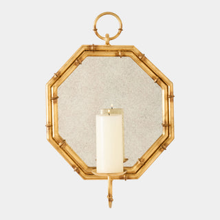 Octagonal Bamboo Mirror w/Candleholder, Gold, crafted in iron
