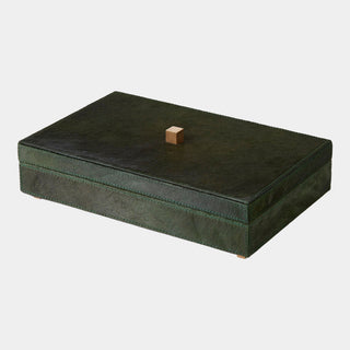 Posh Box, Hair, On, Hide Green, crafted in antiqued brass and hair-on-hide leather