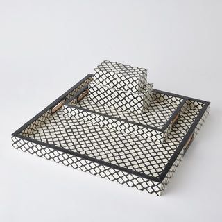 Moroccan Resin Rectangular Tray, Black/White, styled in a room
