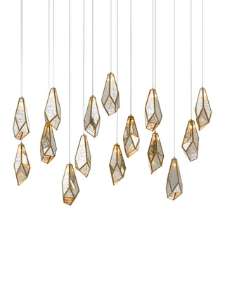 Glace Mirror 15-Light Linear Multi-Drop Pendant in antique brass