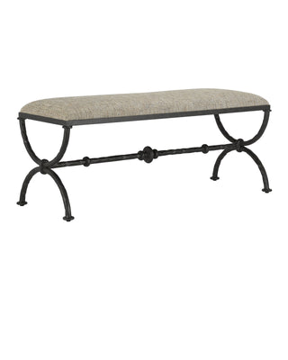 Agora Bench, Calcutta Peppercorn, crafted in rustic bronze and wrought iron