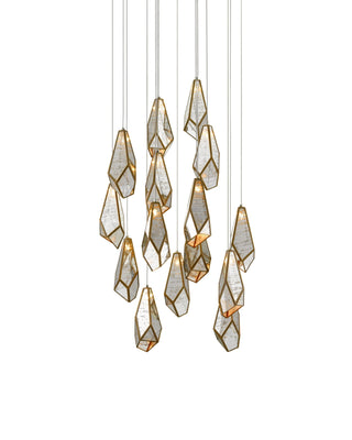 Glace Mirror 15-Light Round Multi-Drop Pendant in antique brass