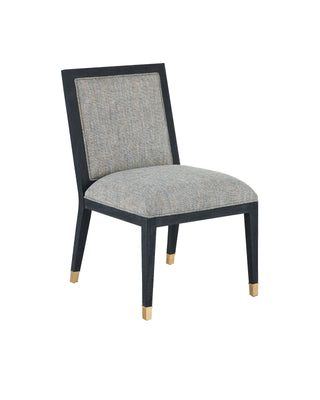 Santos Vintage Navy Side Chair, Barrett Dusk, crafted in satin brass and rattan